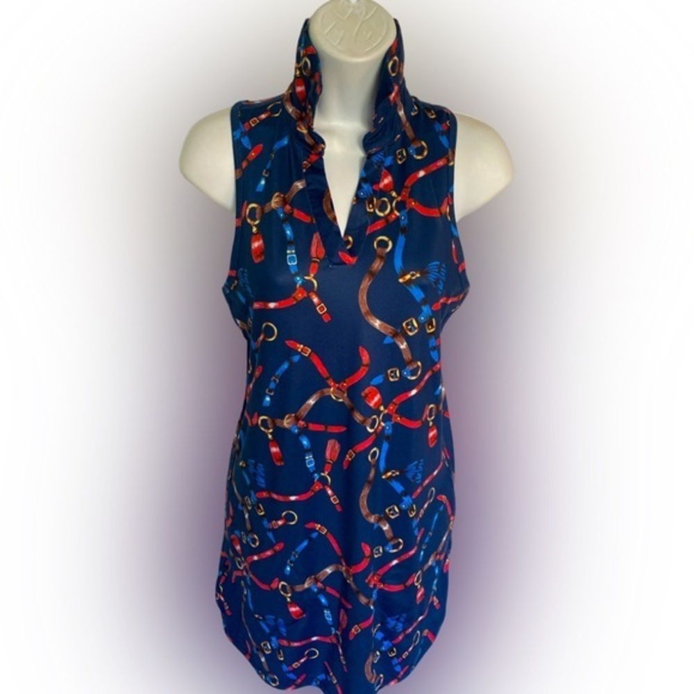 Gottex Stylish Blue Sleeveless equestrian print -XS blue , brown poly spandex